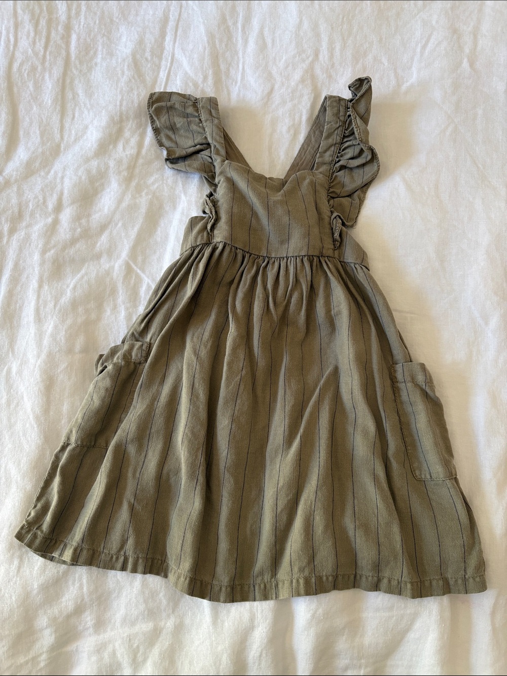 Zara Olive Green Striped Ruffle-Sleeve Casual Dress for Kids